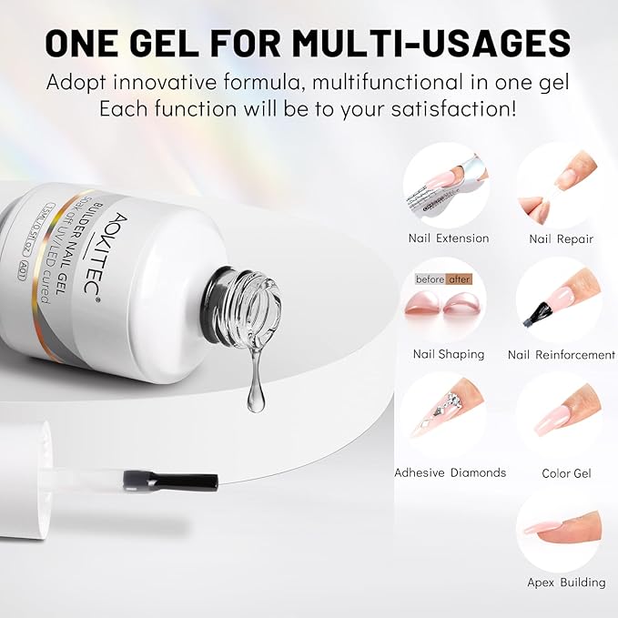 Aokitec Builder Nail Gel, 15ml Clear Gel Builder for Nails 7-in-1 Nail Extension Gel in Bottle Hard Gel for Nail Strengthen & Repair Adheasive Rhinestones Nail Art Design for Nail Salon Home DIY Gift
