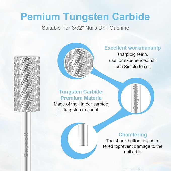 3/32" Large Barrel Bit Tungsten Carbide Nail Drill Bit Safety Bit for Gel & Acrylic Removal, 2- Way Rotating Efile Tip, Salon Electric File Accessory (2XC Girt, Silver)
