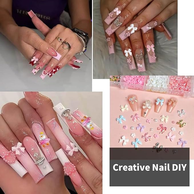 3D Bow Nail Charms Kit, Cute Pink Flowers White Flatback Pearl Charms for Nails, Gold Nail Bows Charms Nails Design for Women Manicure DIY Crafts Art Accessories