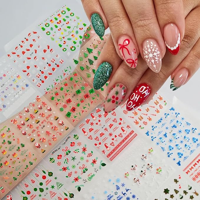 30PCS Christmas Nail Art Stickers Snowflakes Claus Reindeer 3D Self-Adhesive Xmas Nail Decals Nail Art Supplies Xmas Tree Wreath Gingerbread Man Design Christmas Stickers for Holiday Nail Decorations