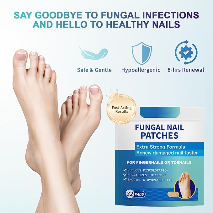 Fungal Nail Patches - 32 PCS, Toenail Fungus Treatment Extra Strength for Thick, Brittle and Discolored Toenail, Nighttime Care with Natural Ingredients, Nude-Colored Patches (Blue)