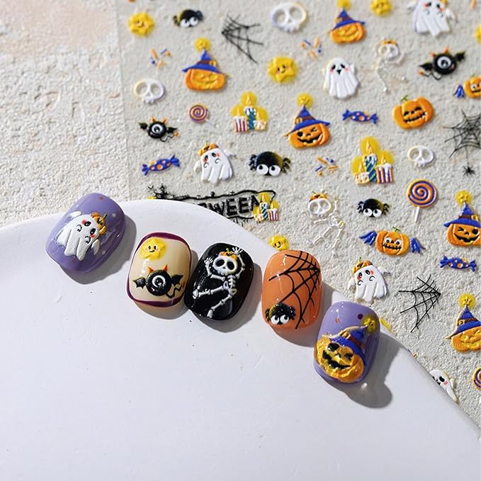 Halloween Nail Stickers Pumpkin Nail Decals Ghost Spider Design Manicure Art 5D Embossed Nails Decorations Holiday Self Adhesive Nails Supplies for Women