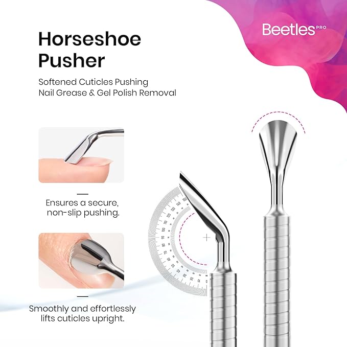 Beetles Pro 1-Pcs Dual-Ended Cuticle Pusher, Professional Horseshoe 11mm and Angled Blade 13mm Precise Cuticle Care, Stainless Steel Handle Nail Tools for Nail Art Prep – Salon Quality Manicure Tool