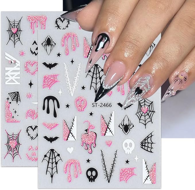6 Sheets Pink Glitter Halloween Nail Stickers for Nail Art 3D Self-Adhesive Spider Web Nail Stickers with Ghost Bat Blood Drop Skull Cute Halloween Designs Goth Nail Decals for Women Acrylic Nails