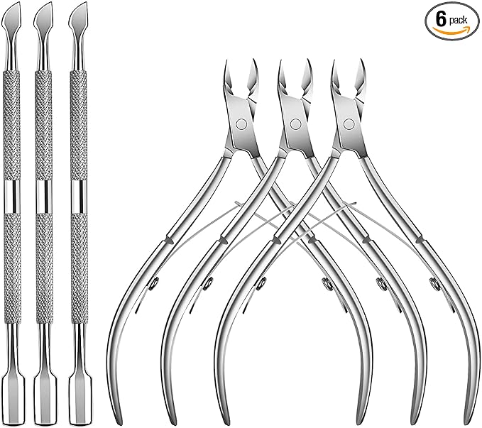 6 Packs Cuticle Trimmer with Pusher - Professional Stainless Steel Cuticle Nippers Cutter Clippers and Cuticle Remover Manicure Tools for Fingernails Toenails (silver)