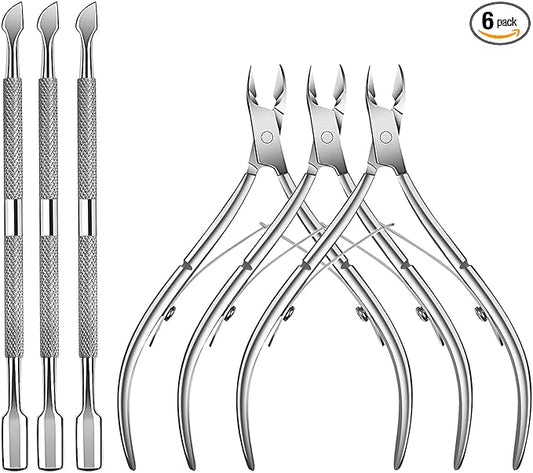 6 Packs Cuticle Trimmer with Pusher - Professional Stainless Steel Cuticle Nippers Cutter Clippers and Cuticle Remover Manicure Tools for Fingernails Toenails (silver)