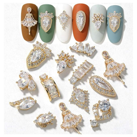 HNUIX Nail Charms and Gems - Gold Copper Zircon, Multiple Shapes 3D Dangle, Metal Jewelry Rhinestones Charms, 21 Pieces