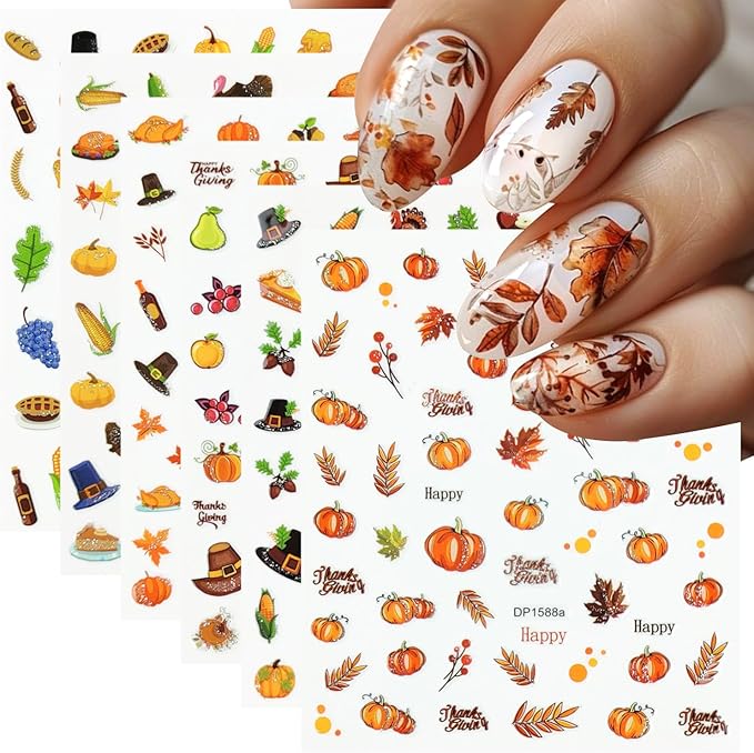 6 Sheets Fall Nail Stickers for Nail Art Glitter Maple Leaf Pumpkin Nail Decals Fruit Turkey Nail Design Stickers 3D Self-Adhesive Thanksgiving Acrylic Nails Art Supply for Women Manicure Decorations