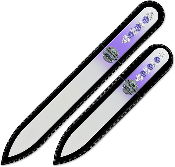Nail File - Mont Bleu Set of 2 Glass Nail Files Hand Decorated with Crystals - Handmade Gifts - Czech Tempered Glass - Glass Fingernail Files - for Natural Nails - Crystal Nail Files