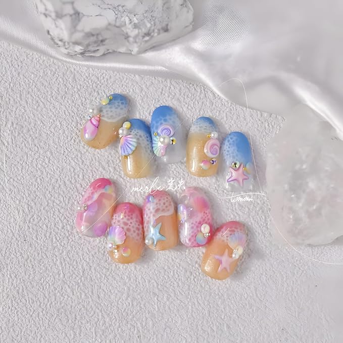 2 Sheets Starfish Nail Stickers - 5D Embossed Self-Adhesive Decals for Summer Nail Art - Colorful Beach Shell Design Supplies Decoration for Women and Girls