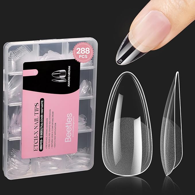 Beetles Gel Nail Tips Medium Almond Etch X Nail Tips, 12 Sizes 288 PCS Half Matte Full Cover False Nails Clear Acrylic Nails Glue on Nails DIY Gift for Women