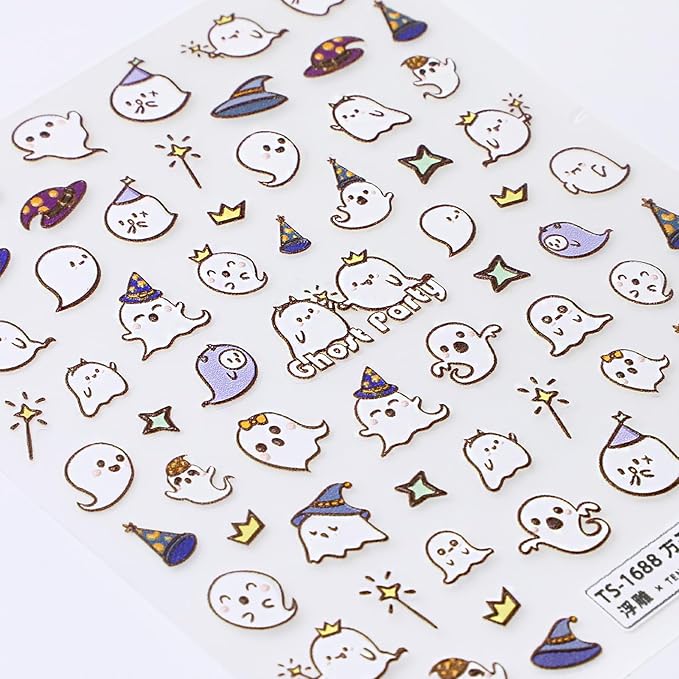Halloween Nail Stickers for Nail Art - Ghost Party Nail Art Sticker Halloween Cute 5D Embossed Nail Decals Self-Adhesive Nails Supply Manicure Stickers for Nails Decoration