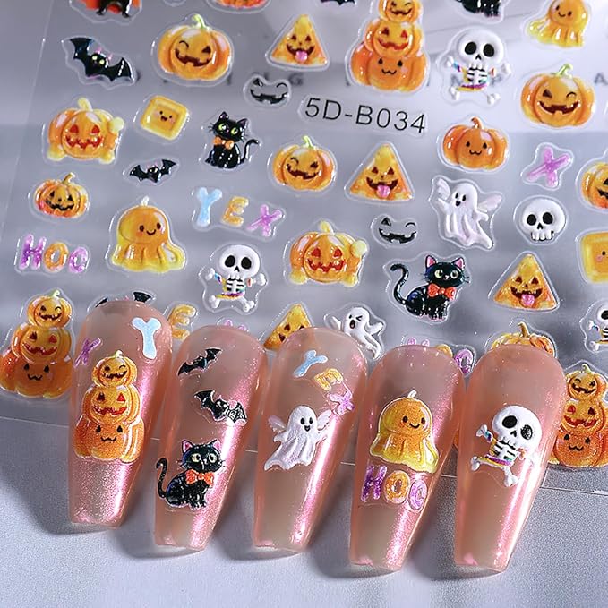 3 Sheets Halloween Nail Stickers for Nail Art 5D Embossed Skull Spider Web Bat Cute Ghost Pumpkin Nail Art Stickers Self Adhesive Star Moon Nail Design Holiday Nail Decals for Acrylic Nails Decor