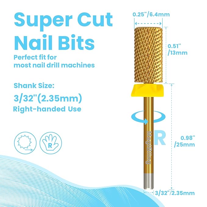 Super Cut Large Barrel Nail Drill Bits, 3/32'' Professional Tungsten Carbide Bits, Remove Hard and Soft Gel Fast, Right Hand Use, Manicure Pedicure Cuticle Gel Polishing, Gold Color, Extra Fine.