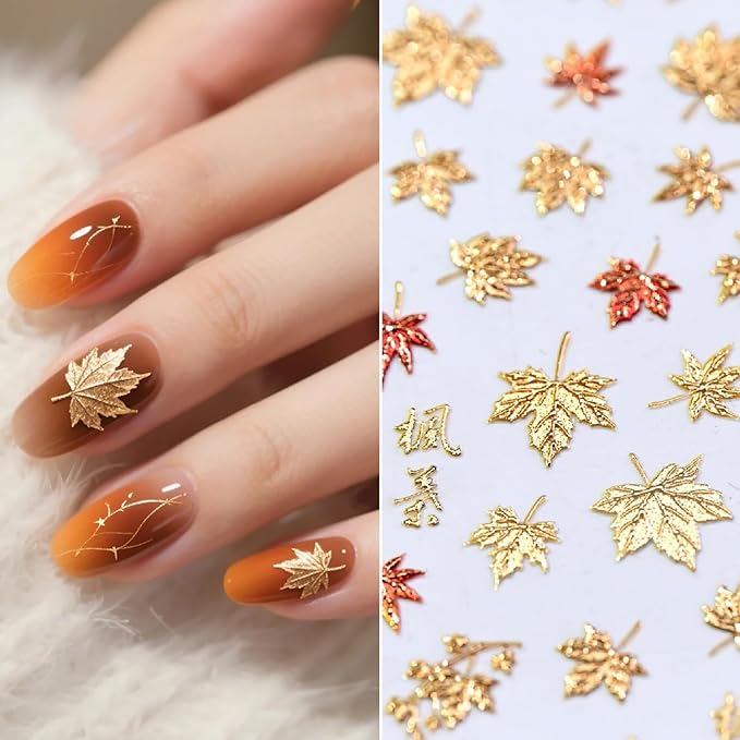 1 Sheets Thanksgiving Nail Stickers for Nails Art Autumn Maple Leaf Nail Decals 5D Self-Adhesive Red Gold Embossed Maple Leaves Nail Decoration Shiny Fall Nail Art Stickers for Women Nail Designs