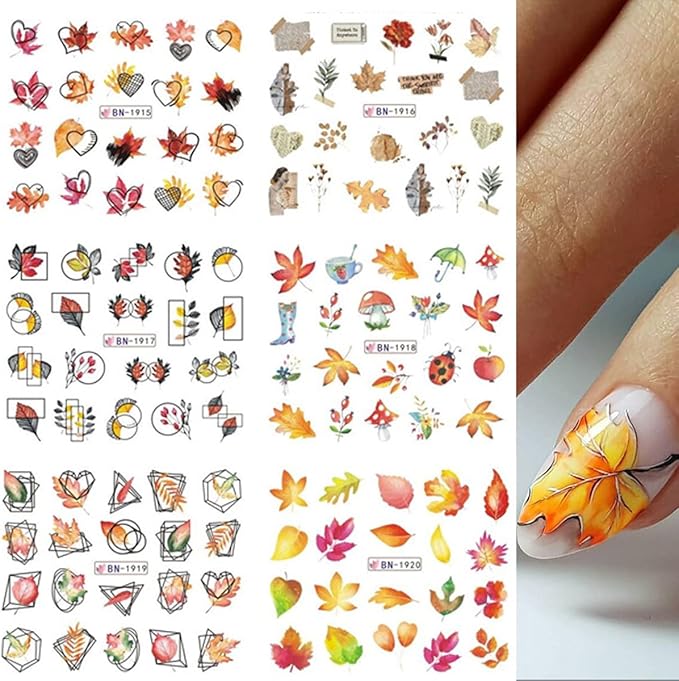 12 Pcs Fall Nail Art Stickers Maple Leaves Nail Art Water Transfer Decals Autumn Thanksgiving Turkey Pumpkin Design Nail Foil Stickers Fall Nail Supplies for Women Acrylic DIY Manicure Decorations