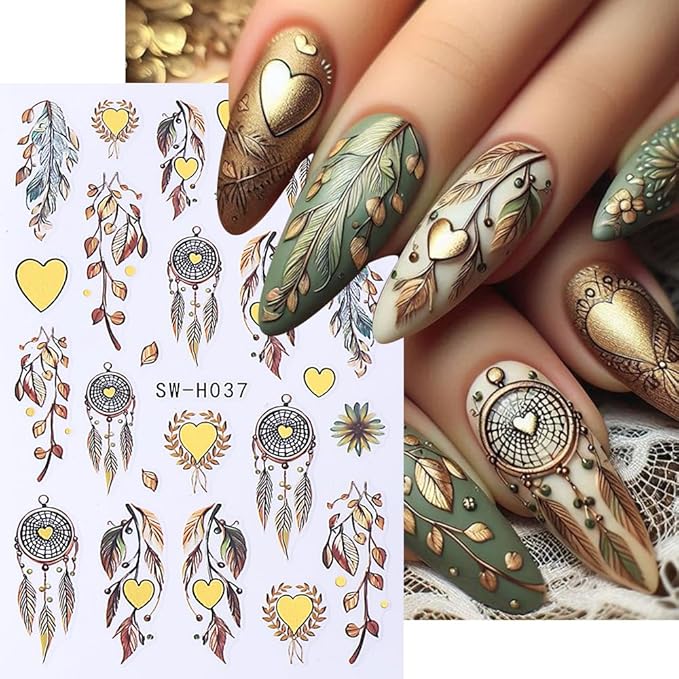 4Pcs Thanksgiving Nail Stickers Gold Leaf Exquisite Totem Nail Decals DIY Self Adhesive Grateful Heart Feather Design Nail Decoration Supplies Holiday Manicure Accessories for Women Girls