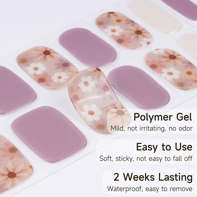 28pcs Semi Cured Gel Nail Strips, Long Lasting UV Gel Nail Stickers for Women Kit, Nails Wraps for Home DIY (Purple Flower)