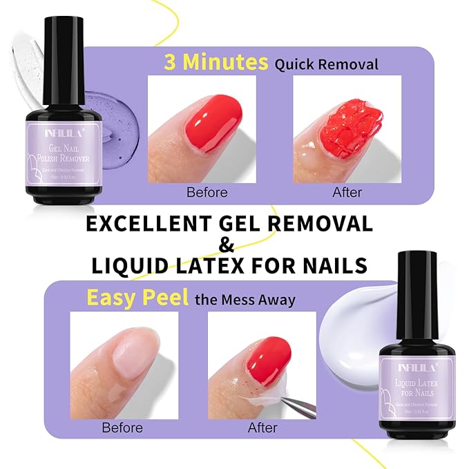 NXJ INFILILA Gel Nail Polish Remover Kit, 5-in-1 Set with Liquid Latex for Nails & Cuticle Oil Wipes, Acetone Free Formula for At Home Use, Fast Acting, No Soaking or Wrapping, Cuticle Protectors