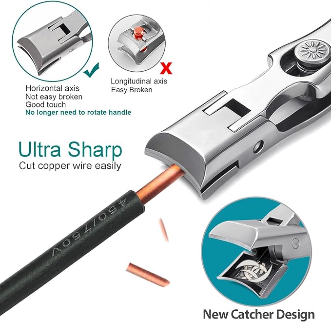 Nail Clippers for Men Thick Nails Large Wide Jaw Opening Toenails Clippers for Seniors Long Handle Heavy Duty Portable Ultra Sharp Fingernail Cutter with Catcher for Adult Women (Silver Set)
