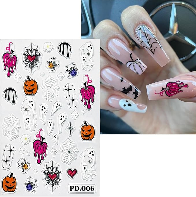 Halloween Embossed Nail Art Stickers -5D Cute Ghost Nail Decals for Nail Art Skull Spider Web Pumpkin with Rhinestones Design Self-Adhesive Nail Art Supplies Halloween Nail Decoration 4 Sheets
