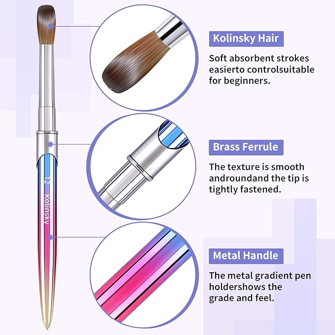 100% Kolinsky Acrylic Nail Brush,3D Pure Handmade Round Shape Size 12 Nail Brushes for Acrylic Application, Professional Nail Art Brush Manicure for Professional Manicure DIY Home Salon(#12)