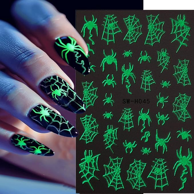 6 Sheets Halloween Nail Decals for Nail Art Glow in The Dark Spider Web Skeleton Nail Art Stickers Hand Bones Skull Nail Stickers 3D Self-Adhesive Spider Nail Supplies for Women Holiday Nails Designs