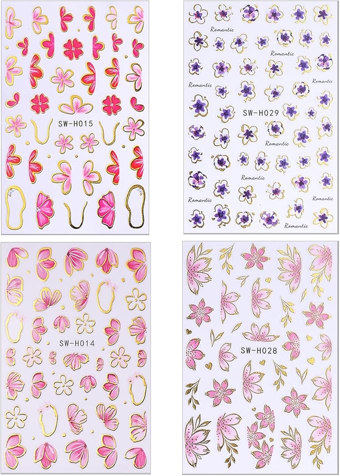 4 Sheets Pink Flower Nail Stickers, Gold Stamping Floral Nail Art Decals, 3D Self-Adhesive Nail Design Stickers for Women DIY Spring Season Purple Pink Flower Manicure Decoration Supplies