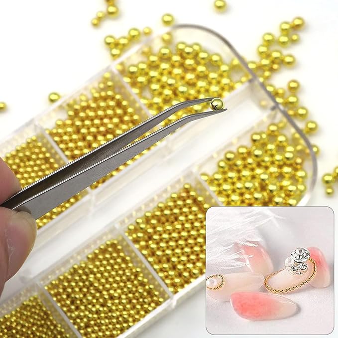 0.8mm Gold Nail Charms Caviar Beads for Nails 6 Sizes Mini Small Stainless Steel Beads Nails Art Decorations Gun Grey DIY Tool Nail Studs Accessories Gold Charms for Nails (Light Gold)