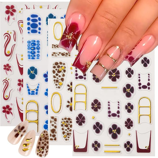 4 Sheet Flower Nail Art Stickers Golden Gilding French Design Nail Stickers 3D Self-Adhesive Exquisite Line Nail Decals Leopard Print Nail Art Decals Fall Flower Nail Supply for Women DIY Manicure