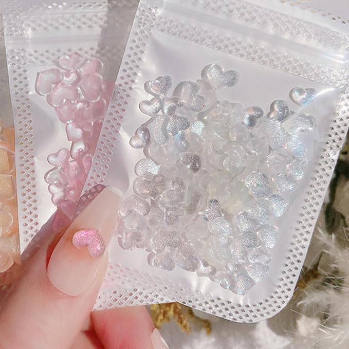 200Pcs Mixed Size Colorful Heart Nail Art Charms 3D Shining White Pink Flat Valentine's Day Nail Charms Love Heart Resin Crystal Jewelry Craft DIY Accessories for Women Acrylic Nail Decor