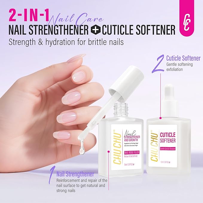 CHUCHU Nail Strengthener and Growth Kit: Clear Hardener and Repair & Cuticle Softener Set - Protein Ridge Filler Polish Quick Dry for Weak Peeling Brittle Splitting Nails - for Women Home Salon