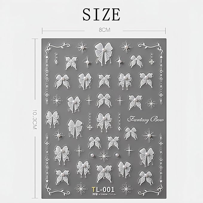 Lace Bow Nail Art Stickers 5D Embossed White Lace Pearl Bow Nail Stickers Cute Bow Pearl Rhinestone Design Women Girls DIY Nail Art Decoration 1 Sheet