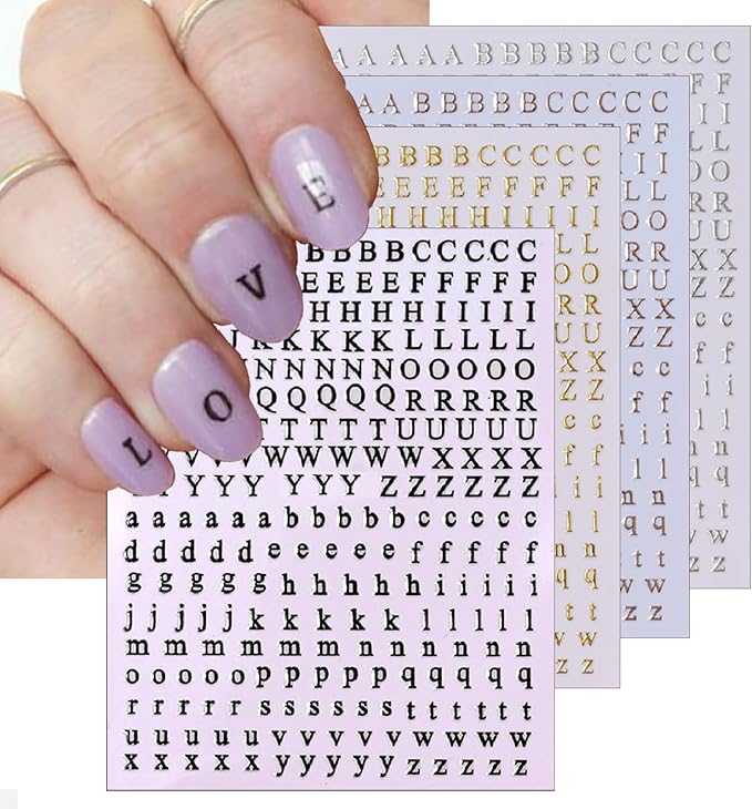 8 Sheets Holographic Digital Letter Nail Art Stickers 3D Self-Adhesive Black and White Letter Nail Stickers Gold and Silver English Characters Design Nail Supplies Women DIY Nail Art Decoration