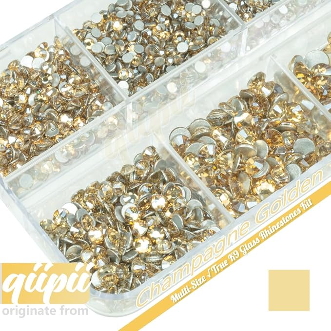 2550pcs Champagne Golden Nail Art Flatback Rhinestones for Face Makeup Gold Nail Gems Gemstones K9 Glass SS4~SS20 6 Sizes Bling Diamonds Stones w Tweezer & Picking Pen for Nails DIY Craft