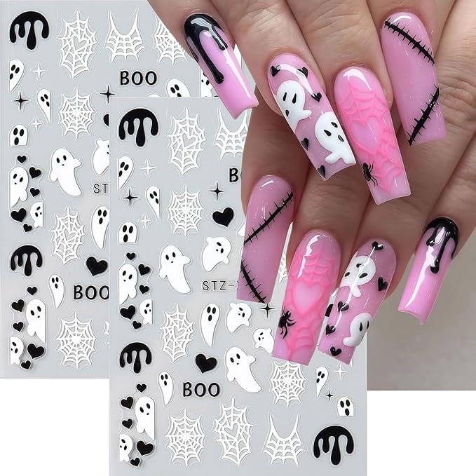 Halloween Nail Stickers 6 Sheets Bat Nail Stickers 3D Self-Adhesive Blood Spider Web Heart Spider Bat Nails Design Ghost Nail Decals Halloween Bats Ghost Sticker for Holiday DIY Manicure Decorate