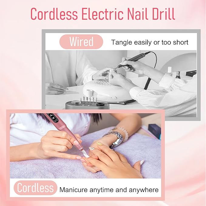 Nail Drill File Electric, 2-in-1 Touch Rechargeable Drill Nail, Cordless Manicure Pedicure Tools Polishing Machine Kit for Acrylic Gel Dip Powder with Nail Drill Bits Sanding Bands (A-105 Pink)