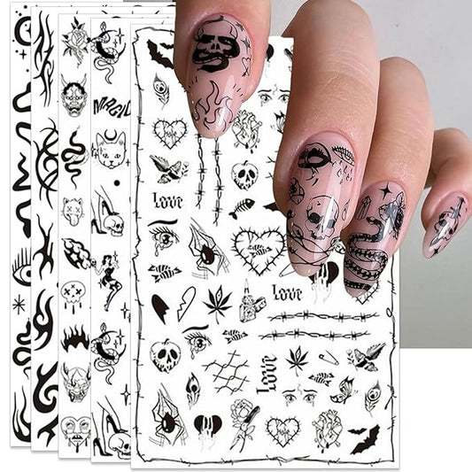 Gothic Nail Art Stickers - Halloween Black Snake Skull Fire Self-Adhesive 3D Nail Decals for DIY Punk Horror Manicure (5 Sheets)