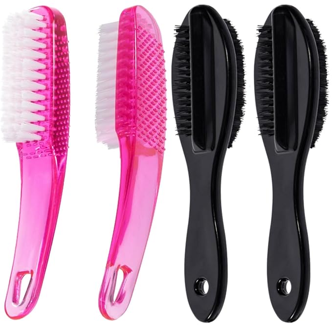 Nail Brush for Cleaning Fingernails 4 PCS, Long Handle Grip Double Sided Nail Foot Scrub Brush Fingernail Cleaner, Soft Stiff Bristles Pedicure Nail Scrubber Non-Slip for Men Women, Black Pink