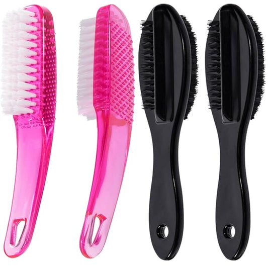 Nail Brush for Cleaning Fingernails 4 PCS, Long Handle Grip Double Sided Nail Foot Scrub Brush Fingernail Cleaner, Soft Stiff Bristles Pedicure Nail Scrubber Non-Slip for Men Women, Black Pink