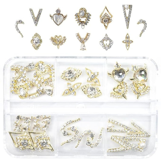 12 Pair 3D Alloy Gold Nail Art Rhinestones - Heart Shaped Nail Charms, Golden Nail Crystal Diamonds Jewelry Stones Studs for Nails Decor Crafts