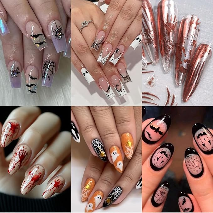 6Pcs Halloween Nail Stickers 3D Spider Web Skull Goth Nails Decals Black Skeleton Hand Bone Bat Spiders Nails Design Ghost Stickers Horror Halloween Nail Art Supplies for Women DIY Manicure Decoration