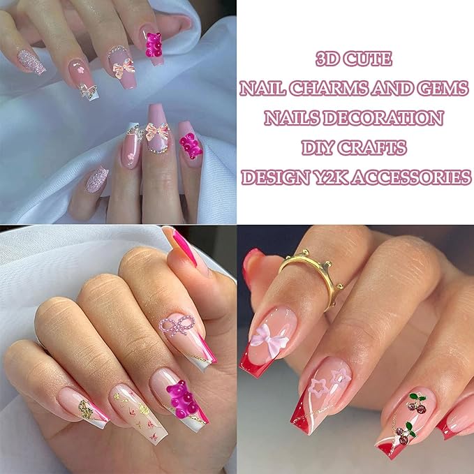 3D Pink Flower Nail Charms Y2K, Cute Resin Bear Star Heart Bow Nail Art, Gold Silver Butterfly Cherry Charms Nail Design for Women Nail Art Accessories Manicure DIY Crafts