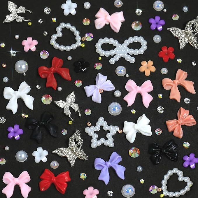HNUIX Bow Nail Charms - 3D Multiple Colors, Butterfly, Flower, Pearls, Flat Back Rhinestones, with Kit, for Nail Art