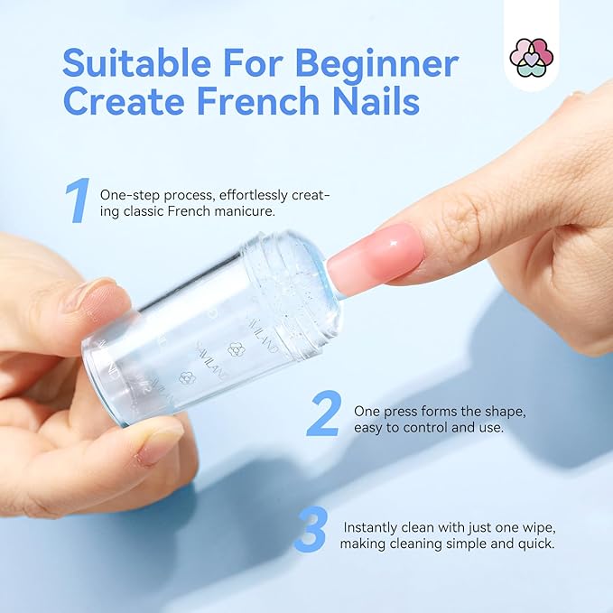 Saviland French Tip Nail Stamp: 7PCS Colorful Glitter Nail Stamp and Replaceable Silicone Stamper Head Nail Scrapers French Tip Nail Tool Kit for Beginner DIY Nail Art Design Home Salon