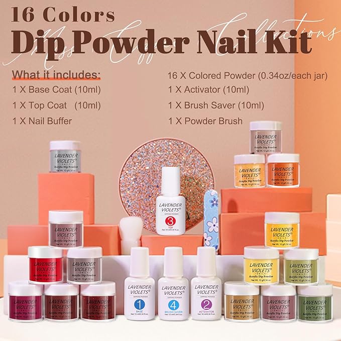 Lavender Violets 22pcs Halloween Dip Powder Nail Kit 16 Colors Red Brown Gold Green with Dip Powder Liquid Perfect Gift for Women Nail Art DIY M967