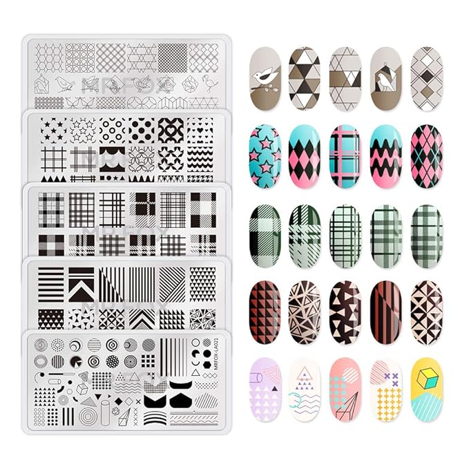 Mr.Fox Nail Printing Board Set Geometric Motif Lines Round Plaid Diamond Pattern Art DIY hot Stamping Template, etc