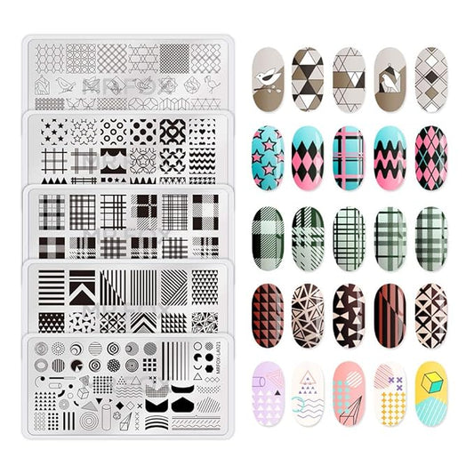 Mr.Fox Nail Printing Board Set Geometric Motif Lines Round Plaid Diamond Pattern Art DIY hot Stamping Template, etc