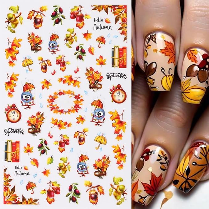 Fall Nail Art Stickers 8 Pcs 3D Self-Adhesive Thanksgiving Nail Decals Maple Leaves Pine Cone Deer Nails Designs Autumn Nails Decorations for Women DIY Manicure Art Supplies