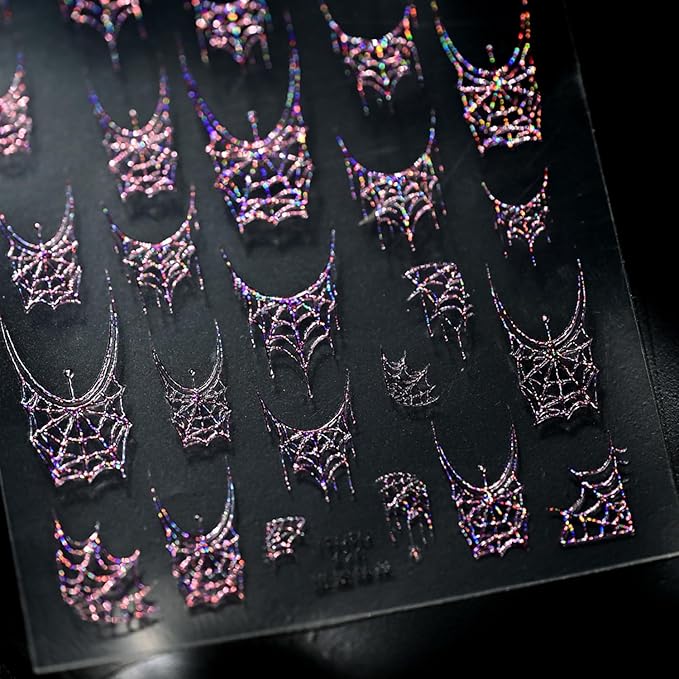 1 Sheets Halloween Nail Stickers for Nail Art 5D Self-Adhesive Embossed Pink Spider Web Nail Art Stickers Halloween Spider Web Nail Decals Glitter Nail Design Sticker for Women DIY Nails Decoration